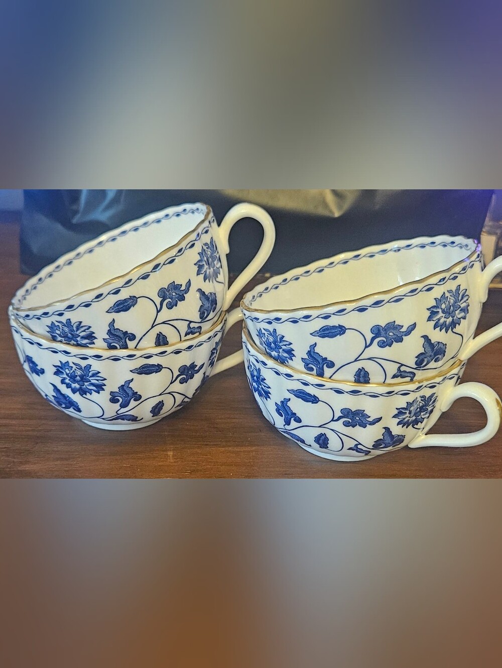 4 Spode White and Blue Floral Porcelain Teacups with Gold Trim